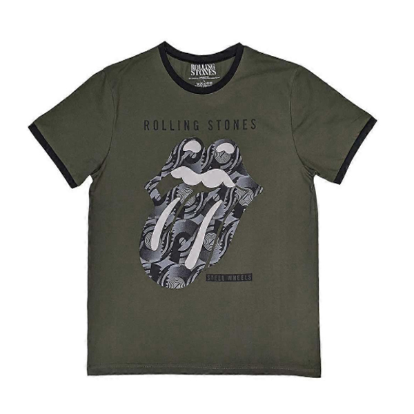 Rolling Stones - Black & White Tongue (ringer t-shirt) khaki